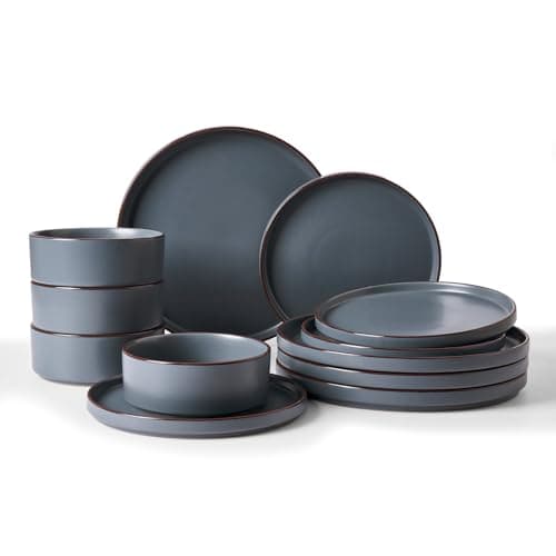 Image of Richmount Halo Plates and Bowls Set, 12 Pieces Dinner Set for 4, Stoneware Dinnerware Sets with Dinner Plates/Salad Plate/Cereal Bowls, Dishwasher & Microwave Safe, Charcoal Gray