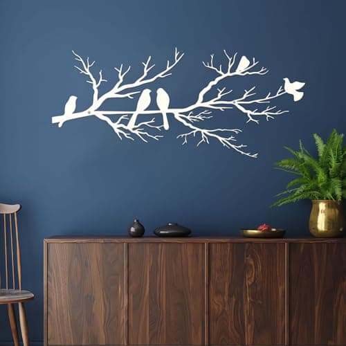 Image of ESTART Metal Birds Wall Art, Metal Vivid Birds on Branch Silhouette Wall Decor White Leaves with Bird Outdoor Hanging Wall Sculpture for Home Living room Bedroom Balcony Garden (White, Small)