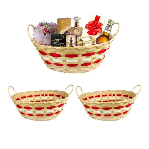 Image of ADEPTNA Set of 2 Oval Christmas Wicker Baskets with Handles Premium Handmade - Natural Bamboo Hampers, Ideal for Gift Presentation, Durable Perfect for Festive Decorations, Unique Gift Xmas (NATURAL)