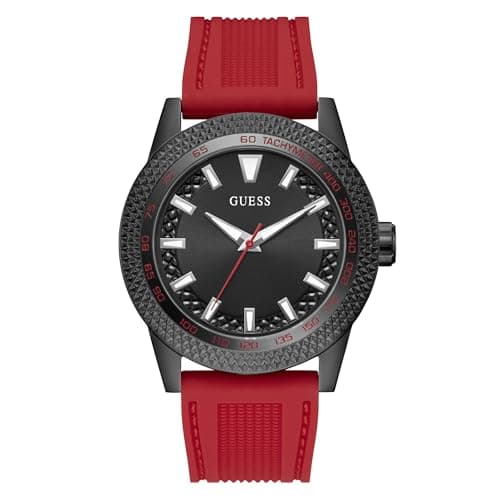 Image of Guess Men's 46mm Watch - Red Silicone Strap Black Dial Black Case