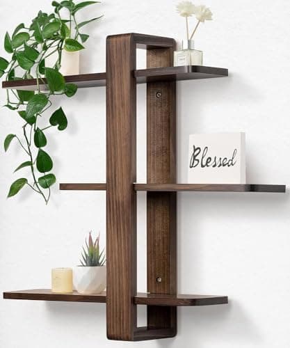 Image of SUMGAR Floating Shelves for Wall Walnut Mounted Shelf Unit for Living Room Bedroom Bathroom Mid Century Modern Decorative Storage Plant Photo Display Home Decor 3 Tier Large 20in All Pine