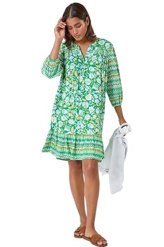 Image of Roman Originals Smock Dress for Women UK Ladies Cotton Summer Embroidered Frilled Tiered Casual Beach Cruise Holiday Cocktail Party 3/4 Sleeve Pull On Gathered Skirt - Green - Size 16