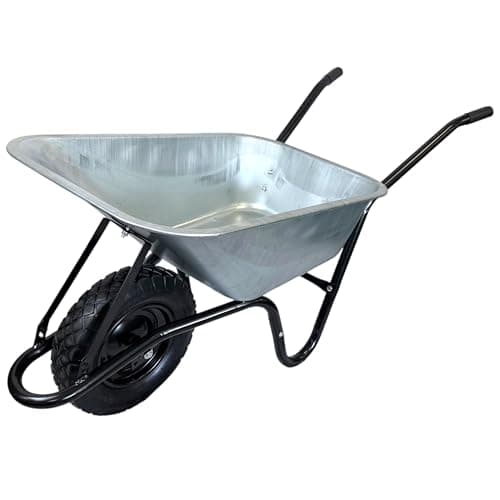 Image of Heavy Duty Garden Wheelbarrow, Galvanised Steel Tub, Pneumatic Tyre, Black Frame 90L, 150KG Weight Load Capacity, for Rough Terrain, Ergonomic Handles for Heavy Garden Tasks, Builders Barrow