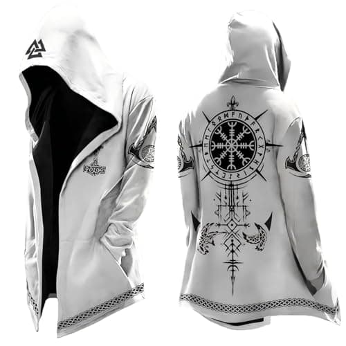 Image of Generisch Winter Jacket Men's Jacket Blouson Jacket Men's Cardigan Hooded Medieval Norse Mythology Motorcycle Jacket Long Sleeve Casual Loose Fit Streetwear Coat for Men, White, L
