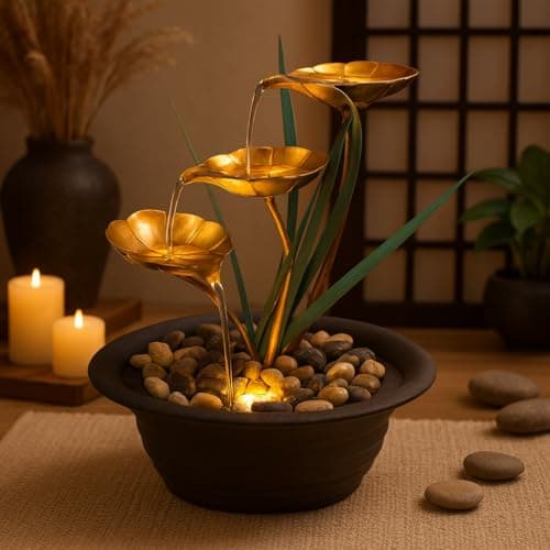 Image of GEEZY Indoor Water Fountain - Lotus Design with LED Lights - Mains Powered & Self-Contained, Table Top, Relaxing & Tranquil - Perfect for Home, Living Room, Office Decor