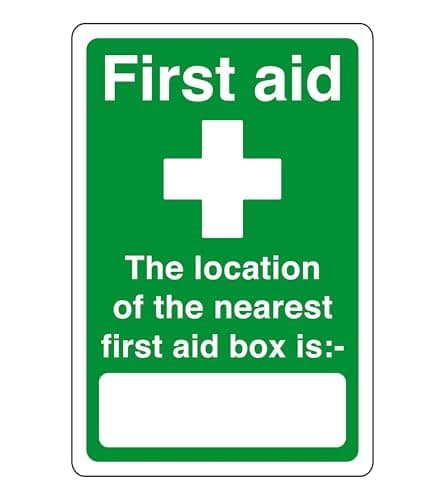 Image of First aid the location of the nearest first aid box is - safety sign - High tack self-adhesive sticker (300mm x 200mm) Viewing Distance within 7m.