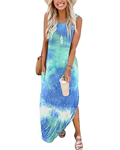 Image of AUSELILY Maxi Dress for Women UK Casual Summer Long Dress Beach Cover-Ups Sun Dresses Women Sleeveless T Shirt Tank Dresses with Pockets