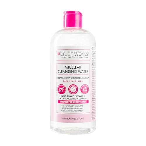 Image of Brushworks Micellar Cleansing Water 400ml – Gentle Makeup Remover with Vitamin E, Aloe Vera & Pro Vitamin B5 for Face, Eyes & Lips, Fragrance Free & Vegan