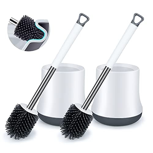 Image of Silicone Toilet Brush and Holder Set 2 Pack, ENSPOWAY Bathroom Toilet Cleaner Brush Modern Design Deep Cleaning Rubber Toilet Bowl Brushes with Non-Slip Long Handle and Quick Drying Holder, White