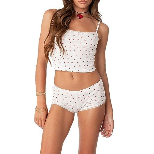 Image of Betrodi Women 2 Piece Pajamas Shorts Outfits Y2k Sleeveless Crop Cami Top Low Waist Shorts Bodycon Lounge Set Sleepwear(Lace Trim Heart-White,L)