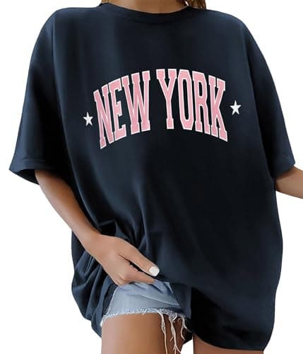 Image of Lonya Women's T-Shirts Round Neck Y2k 90s Oversized T Shirts for Women Ladies Short Sleeve Graphic Print Summer Baggy Plus Size Casual Cotton Tee Tops,Clear Navy Blue,XL