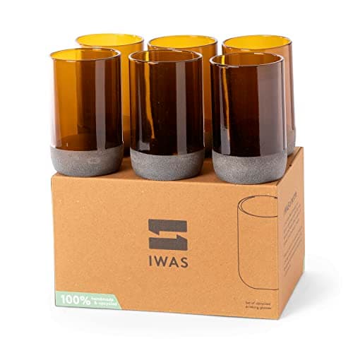 Image of IWAS Upcycled Tall Auburn Drinking Glasses | 350 ML | 12 OZ | Set of 6 | Sustainable Water and Cocktail Glasses | Environmentally Friendly Light Brown Glasses | Recycled Glass Tumblers
