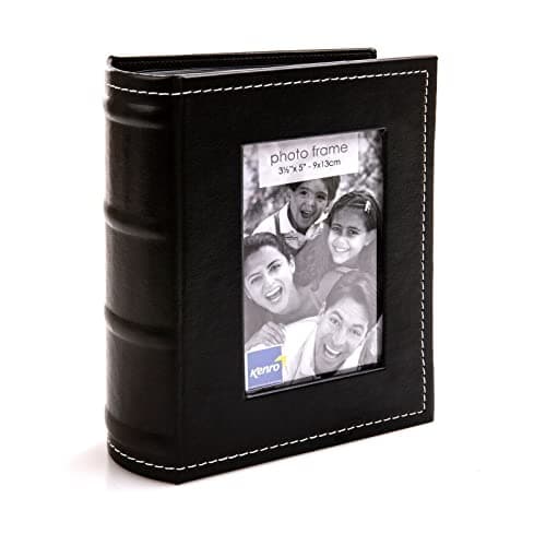 Image of Kenro Black Leather Look Small Photo Album for 80 Photos 6x4 inch/10x15cm with Photo Window to Front and White Stitching, Slip-In Pages - PKB108