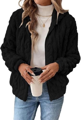 Image of Crsiphee Women's Teddy Fleece Hoodie Soft Fluffy Sherpa Jacket Warm Zip Up Long Sleeve Coat with Pockets for Autumn and Winter Black XXL