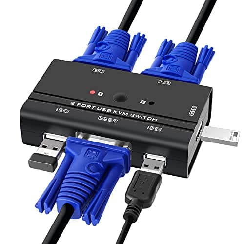 Image of USB VGA KVM Switch with 2 Cables, 2 Ports Selector Switcher for 2PC Sharing One Video Monitor and 3 USB Devices, Keyboard, Mouse, Scanner, Printer
