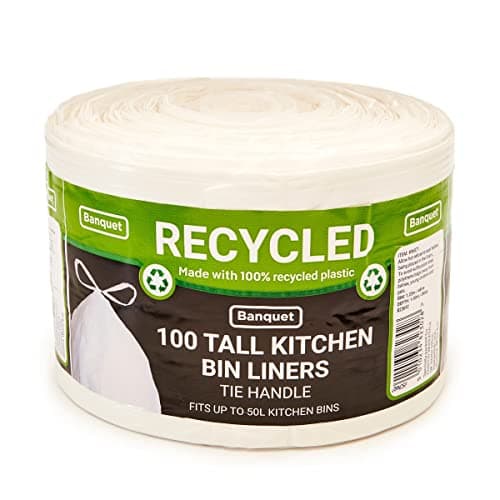 Image of Recycled 100 Tie Handle Tall Kitchen Bin Liners, white