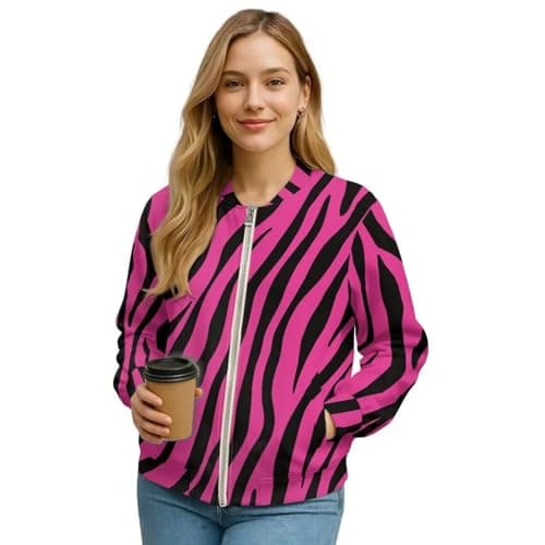 Image of Wanyint Women's Zip Up Bomber Jacket Casual Stand Collar Cropped Bomber Outfits with Pockets, Fashion Outerwear Varsity Jackets Shackets Fall Coats, Small, Pink Zebra Print