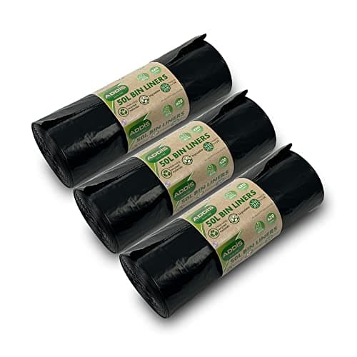 Image of Addis 50 litre Kitchen Waste Trash Degradable Bin Liners Strong, Bulk 3x 20 Roll packs, total 60 liners, New Recycled Black