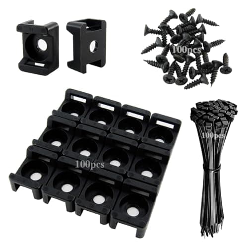 Image of 100 Pack of Cable Ties - 21.5 x 16mm - With Screw Holes - 150mm Nylon Cable Ties and Screws - For Base, Wall or Desk - Black