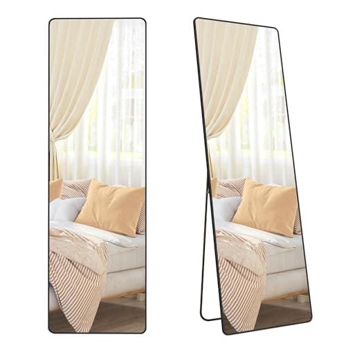 Image of SONGMICS Full Length Mirror, 160 x 50 cm, Rectangle Full Body Mirror with Stand, Aluminium Alloy Frame Floor Mirror, Tempered Glass, for Bedroom, Living Room, Cloakroom, Ink Black LFM030B01