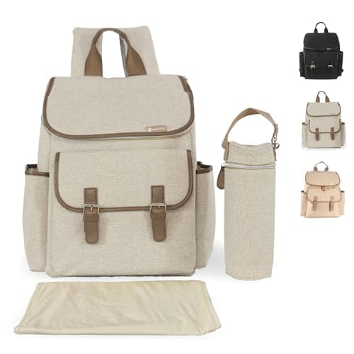 Image of My Babiie Changing Bag Backpack - With Insulated Bottle Holder, Portable Changing Mat, Baby Travel Bag, Nappy Back Pack, 9 Pockets - Oatmeal Herringbone