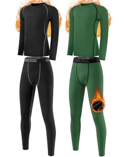 Image of Orrfreer 2 Pack Kids Thermal Base Layer Set Boys Compression Sets Fleece Lined Long Sleeve Top & Bottom for Ski Sport Football Basketball Black/Dark Green M