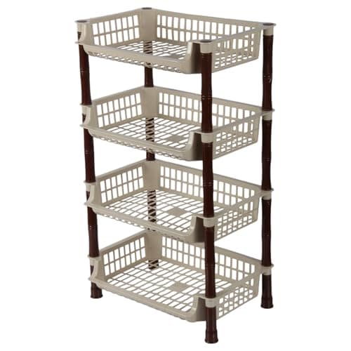 Image of Jolie Max 4 Tier Rectangular Vegetable Rack – Free Standing Storage Organizer with Ventilated Baskets, Durable Plastic Utility Rack for Kitchen, Bathroom, and Pantry – Easy Assembly. (BEIGE)