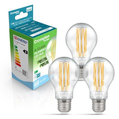 Image of Crompton Lamps LED Ultra-Efficient GLS 7.2W ES-E27 Dimmable A-Class (3 Pack) (100W Equivalent) 3000K Warm White Clear 1521lm ES Screw E27 Energy Efficient Filament A-Rated Multipack Light Bulbs
