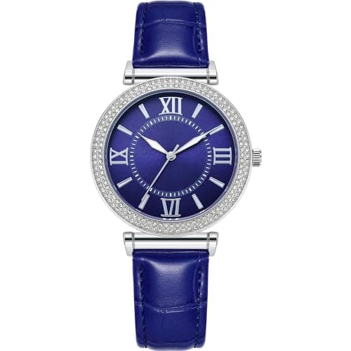 Image of NUOVO Ladies 39.5mm Rhinestone Bezel Dress Watch 30m Water Resistant Large Women's Watches Sliver Case with Blue Dial and Blue Leather Strap