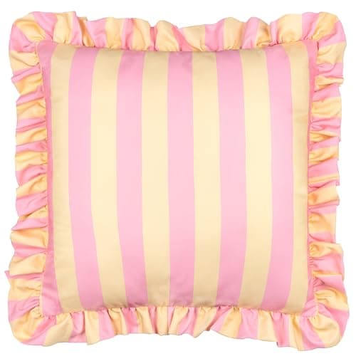 Image of furn. Palm Royale Stripe Polyester Filled Cushion – Water Resistant Bold Striped Ruffle Trim Outdoor Decorative Pillow (Pink/Yellow – 50x50cm)