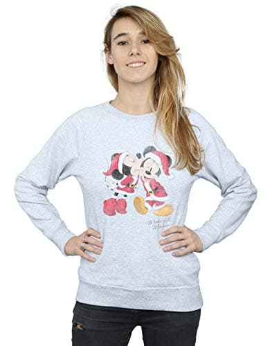 Image of Disney Women's Mickey And Minnie Christmas Kiss Sweatshirt Large Heather Grey