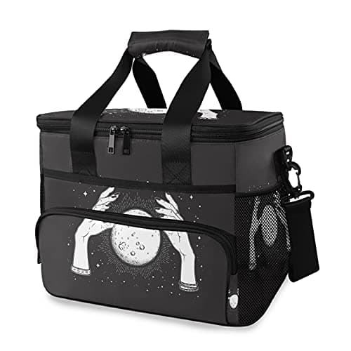 Image of Black White Full Moon with Rays in the Hands of Fortune Teller Shoulder Large Lunch Cooler Bag Lunchbox, Insulated Lunch Box with Adjustable Padded Shoulder Strap for Picnic Travel Beach