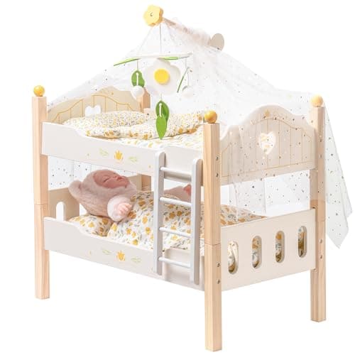 Image of ROBOTIME Wooden Doll Bunk Bed, Dolls Cots Convertible Bed with Ladder and Bedding, for 18 inch Stackable Dolls Crib, Perfect Doll Accessories, Gift for Children, Wood Color