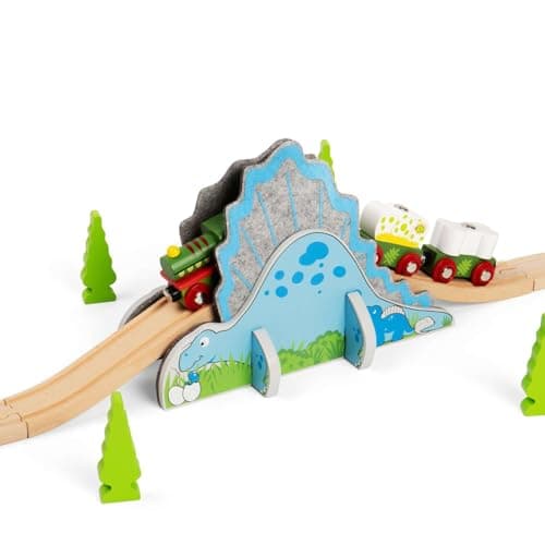 Image of Bigjigs Rail Dino Riser Tunnel | Wooden Railway Accessory Set | Dinosaur Tunnel with 2 Ascending & Descending Track Pieces for Train Playsets | Interactive Toy for Kids, Boys, & Girls Age 3+