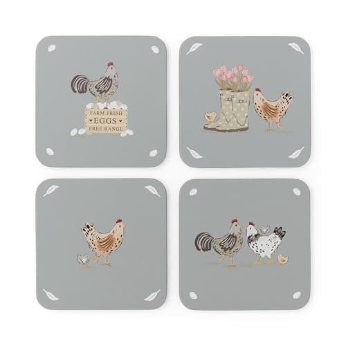 Image of Cooksmart Hen House Lane Set of 4 Cork Coasters | British Designed Farmhouse Drinks Mats | Heat-Resistant & Durable | Rustic Kitchen & Dining Table Protection | Easy to Clean