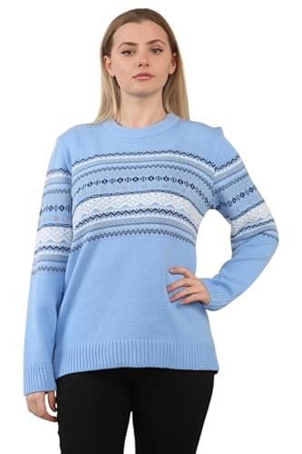 Image of STAR FASHION Fair Isle Knitted Jumpers for Women's Long Sleeve Crew Neck Sweater with Winter Pattern Pullover Ladies Isle Inspired Patterns Warm Knitwear Jumper Top Sky Blue-SM