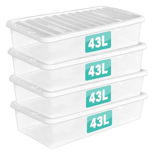 Image of Optimal Products 4 x 43 L Underbed Storage Boxes With Lids Set of 4, Clear Multipurpose Nestable Stackable Plastic Storage Box With Lid Clear Containers For Home, Kitchen, Garage, Office, Accessories