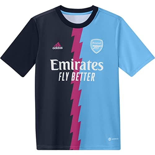 Image of adidas Arsenal FC 2022/2023 PRE Match Jersey YO, Collegiate Navy/Team Real Magenta/Sky Rush, Large