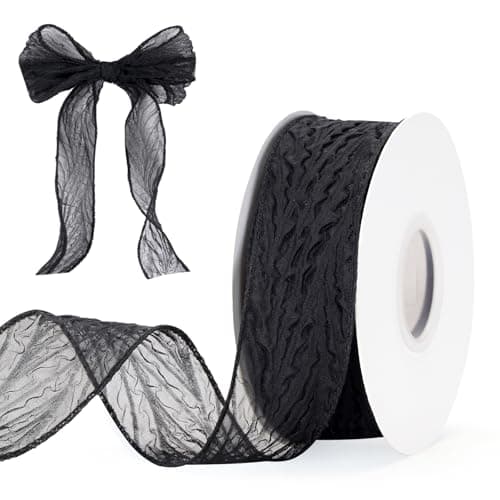 Image of G2PLUS Black Crinkled Organza Ribbon: 10 Yards 40mm Sheer Gift Wrapping Ribbon with Edges for DIY Crafts, Bouquet Decoration, Halloween, Black and Gold Party