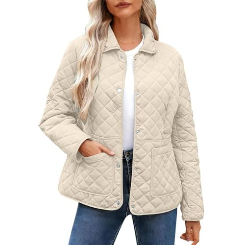 Image of Women's Quilted Jackets Uk - Diamond Lightweight Padded Coat, Long Sleeve Casual Loose Puffer Jacket, Pockets, Oversized Lapel Collar Button Down Pullover Top, Winter Warm, Windproof, Outwear Walking