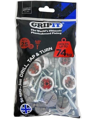 Image of Gripit Red Plasterboard Fixings - Heavy Duty Plasterboard Fixings for Drywall & Stud Walls, Holds Up to 74kg - Ideal for Shelves, Shower Units and Speakers - Easy Install & UK Designed (25 Pack)