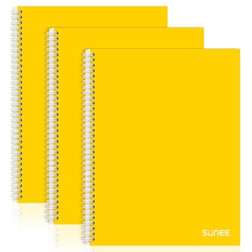 Image of SUNEE A4 Notebook, Pack of 3 Notepads, Wirebound Notebooks, 80gsm Premium Paper, 100 Sheets / 200 Pages, 8mm Lined with Margin, 4-Hole Punched and Perforated Edge, Yellow