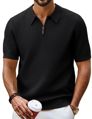 Image of PJ PAUL JONES Polo Shirts for Men Adult Short Sleeve Knitted Quarter Zip Shirts Casual T Shirts Black L