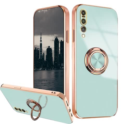 Image of Compatible with Huawei P20 Pro Case Shockproof, Phone Case for Huawei P20 Pro with Stand Plating Rose Gold Edge Cases Soft Protective Case with Ring (Light Cyan)
