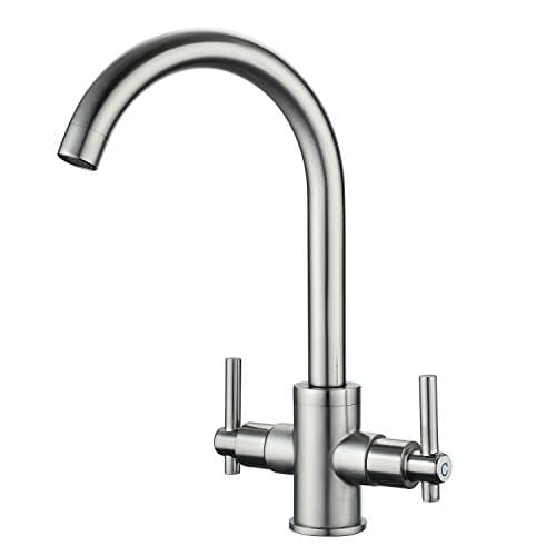 Image of Funime® Brushed Kitchen Sink Taps Mixers Traditional Dual Lever Monobloc 360 Swivel Spout Stainless Steel Kitchen Mixer Taps 1 Hole Brushed Nickel Sink Faucet Hot Cold Mixer