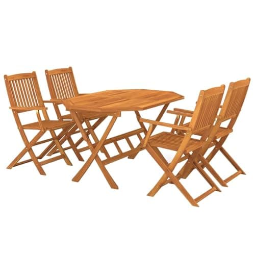 Image of vidaXL Solid Acacia Wood Garden Dining Collection, 5-Piece Brown Outdoor Patio Set with Foldable Table and Chairs - Weather-Resistant and Easy-to-Clean Patio Furniture