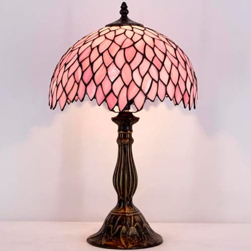 Image of WERFACTORY Tiffany Style Table Lamp Pink Wisteria Stained Glass Table Lamp Reading Light 12X12X18 Inches Metal Leaf Base Decor Bedroom Living Room Home Office S523 Series