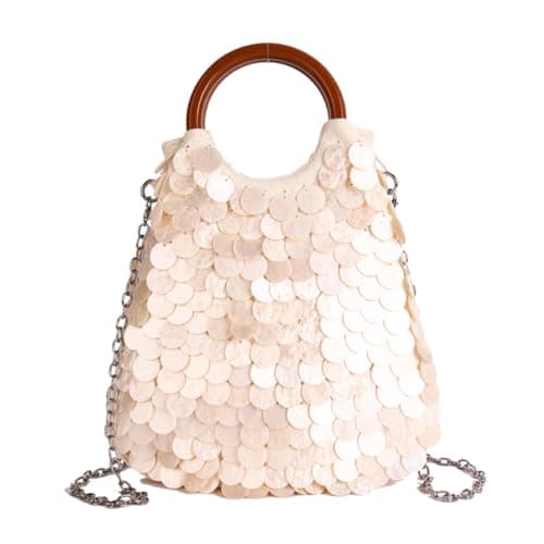 Image of Handmade Natural Seashell Purse Lightweight Beaded Bag with Handle Detachable Shoulder Strap for Women Travel Shopping