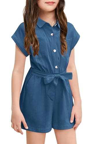 Image of Haloumoning Cute Jumpsuit for Girls Summer Children's Jumpsuit Button Down with Belt Kids Short Romper with Pockets, blue, 8-10 Years