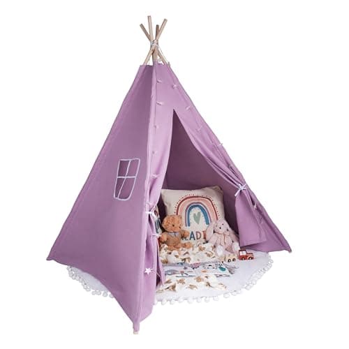 Image of Relsy Kids Violet Blush Teepee Tent For Kids | Purple Play Tipi/Pop Up Tent For Girls & Boys 140 x 120cm Cotton Canvas With Star Lights & Rug Accessories